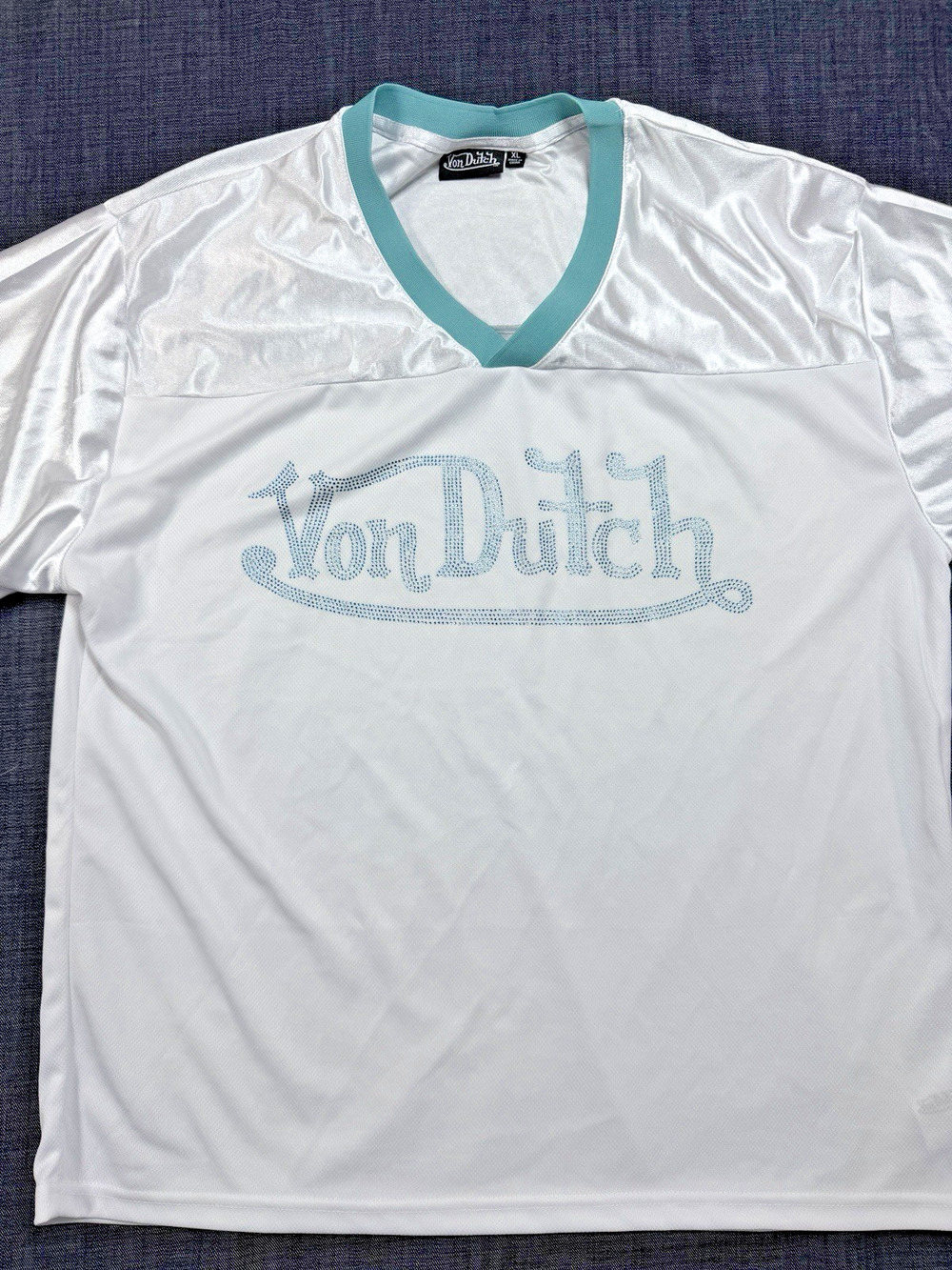 Von Dutch Jersey Shirt Rhinestone Spellout Y2K Blokecore V Neck Satin Top Sz XL